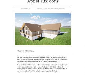 La Fraternité sacerdotale Saint-Pie X avait lancé, en décembre dernier, un appel aux dons pour créer un «prieuré-école» à Essertes. Lausanne.fsspx.ch/capture d’écran