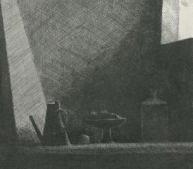 Gérard de Palézieux a deux sujets de prédilection:les paysages et les natures mortes. Ici, Nature morte au soupirail avec la technique de l’eau-forte réalisée en 1982.MUSÉE JENISCH – CABINET CANTONAL DES ESTAMPES, FONDATION WILLIAM CUENDET & ATELIER DE SAINT-PREX