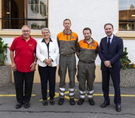 Le préfet de Lavaux-Oron Daniel Flotron, la cheffe du Département des institutions et de la sécurité Béatrice Métraux, le commandant Patrick Favre, le remplaçant du nouveau commandant Laurent Chatelain et le président du comité directeur Jean-Marc Chevallaz. ORPC LAVAUX-ORON