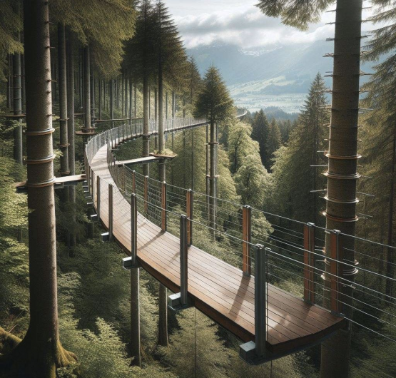 Pour Pierre Yves Delcourt, il s’agit de «l’opportunité de transformer la région en un lieu d’expérience et d’émerveillement, sans pour autant en faire un parc d’attraction». Ici une image générée par IA de la canopée, imaginée sur un modèle existant en Suisse orientale. ACV