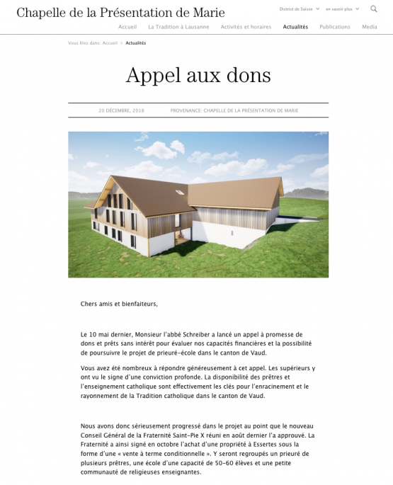 La Fraternité sacerdotale Saint-Pie X avait lancé, en décembre dernier, un appel aux dons pour créer un «prieuré-école» à Essertes. Lausanne.fsspx.ch/capture d’écran