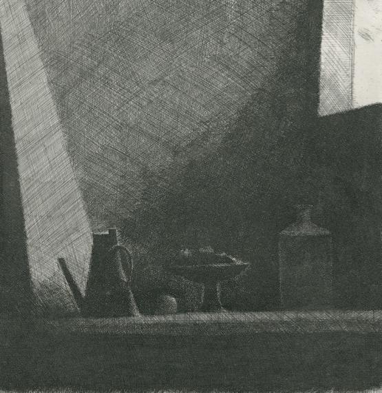 Gérard de Palézieux a deux sujets de prédilection:les paysages et les natures mortes. Ici, Nature morte au soupirail avec la technique de l’eau-forte réalisée en 1982.MUSÉE JENISCH – CABINET CANTONAL DES ESTAMPES, FONDATION WILLIAM CUENDET & ATELIER DE SAINT-PREX